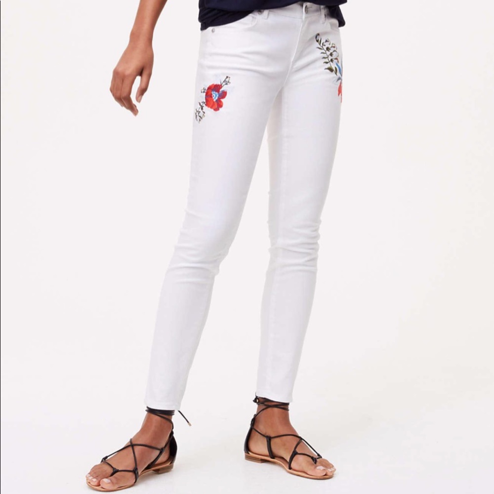LOFT Floral Embroidered Skinny Jeans in White
